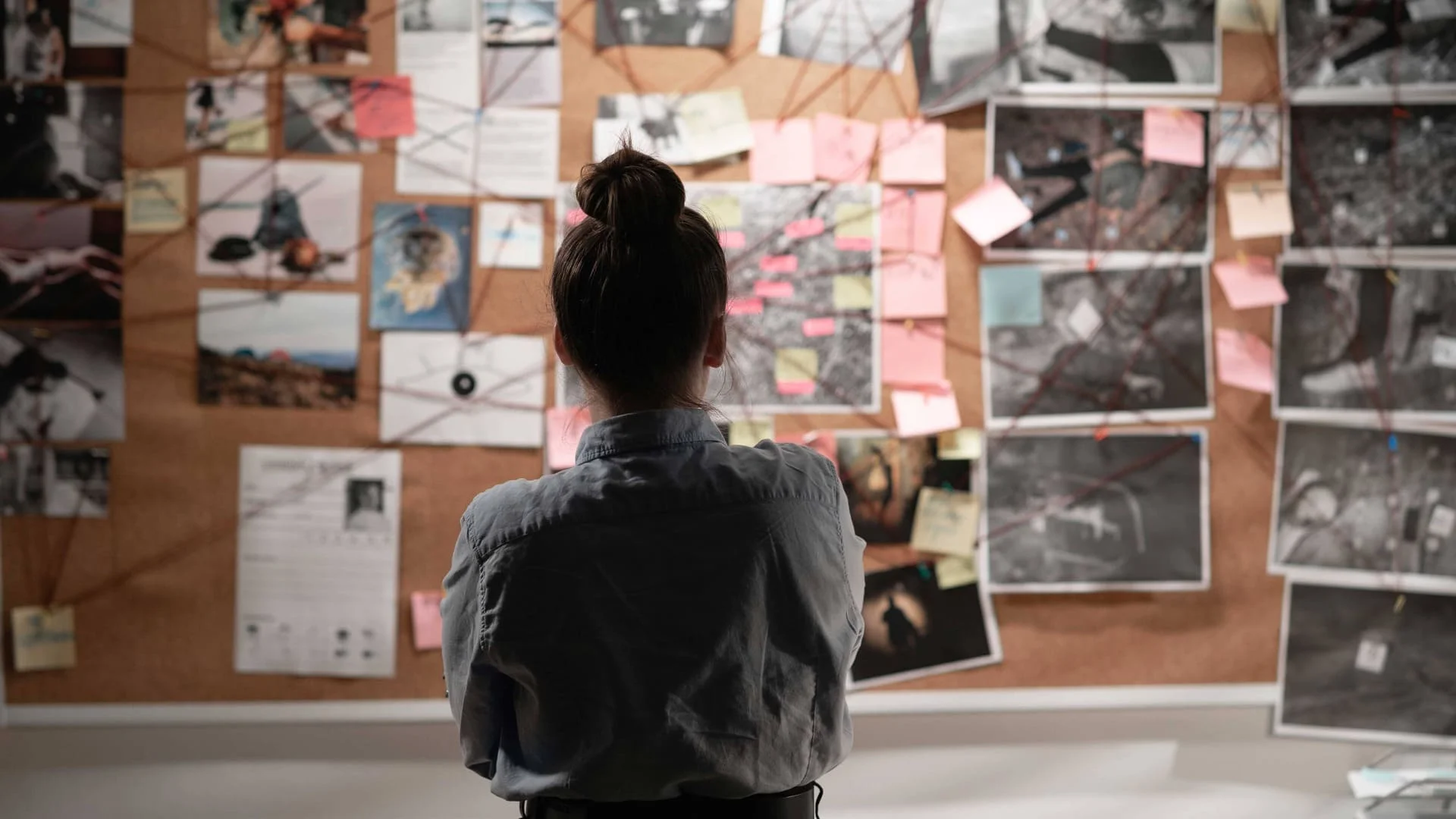 Persoon die naar de verbanden op een bewijsbord kijkt